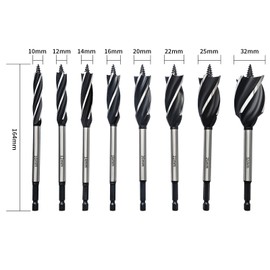 HPMAISON 8 Piece Professional Wood Drill Bit Set, Steel with High Carbon Content, Auger Drill Bit with 1/4 Inch Hex Shank, Woodworking Auger Drill Bit 10 mm, 12 mm, 14 mm, 16 mm, 20 mm, 22 mm, 25 mm,