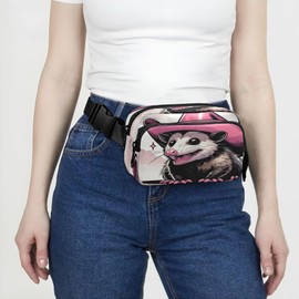 Exnundod Possum Pink Cowboy Hat Fanny Pack Crossbody Waist, Cartoon Cute Fashion Waist Bag Waterproof Adjustable Belt Bag for Running Workout Travel
