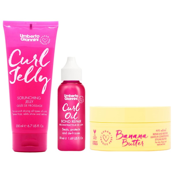 Umberto Giannini LOC Trio - Curl Jelly, Curl Oil and Banana Butter Leave in Conditioner Moisture Layering Kit for Dry Curls, Coils and Waves