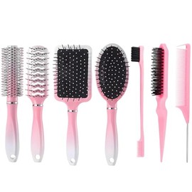 7 Pcs Hair Brush Set, Hair Brush Women Anti Static Suitable for Dry and Wet Hair, Paddle Brushes Massage Oval Hair Combs for Women, Used for Smoothing Womens Hair and Trimming Pink