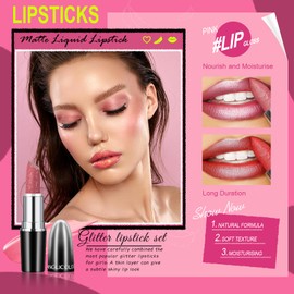 Likesing 1 Piece Glitter Lipstick Set, Lip Gloss, 24 Hour Hold, Matte Lipstick, Lip Gloss, Long Lasting Lipstick, Pink, Red Nude Lip Balm, Make-Up, Women Lip Gloss, Gift (11, 1)