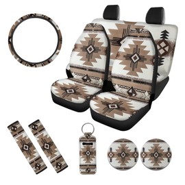 Horeset Western Aztec Car Seat Covers Full Set for Women with Lanyards Key Ring+Car Cup Coaster+Seat Belt Cover+Auto Steering Wheel Cover Interior Accessories Fit Most Vehicles(10-Piece)