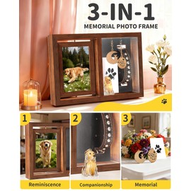 WagvyGo Dog & Cat 3-in-1 Memorial Wooden Picture Frame Set, Lost Pet Sympathy Gifts with 360° Rotation Wooden Picture Frame for Two 4"x6" Photos, Pet Memory Gifts for Dog/Cat Passing