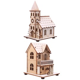 NUOBESTY 2pcs Christmas Village House Wooden Tabletop Decoration LED Xmas Tree House Scene Figurines for Holiday Party Centerpiece