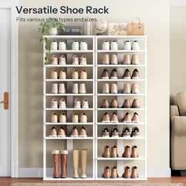 HOOBRO 10 Tiers Vertical Shoe Rack, Wooden Shoe Storage Organizer with Hooks, Narrow Shoe Tower for 20 Pairs, Space Saving, for Entryway, Living Room, Bedroom, White WT140XJ01