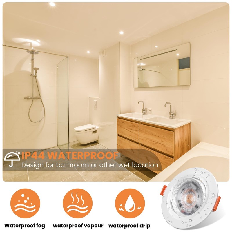 5W LED Recessed Ceiling Light Dimmable IP44 Spotlight,3CCT 2700-3000K,90-100mm Cutout