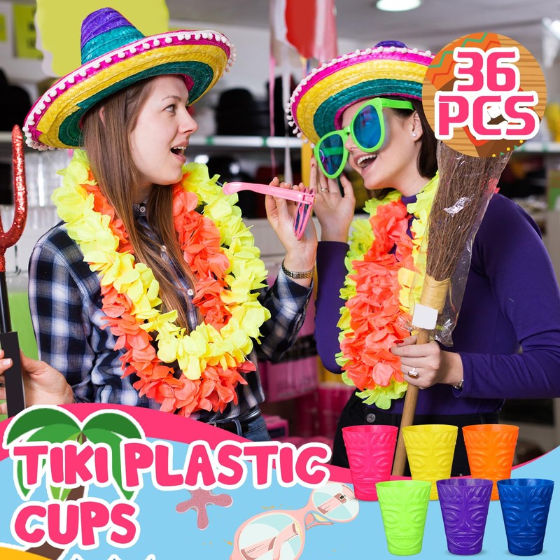 36 Pack Tiki Plastic Cups Bulk, 10oz