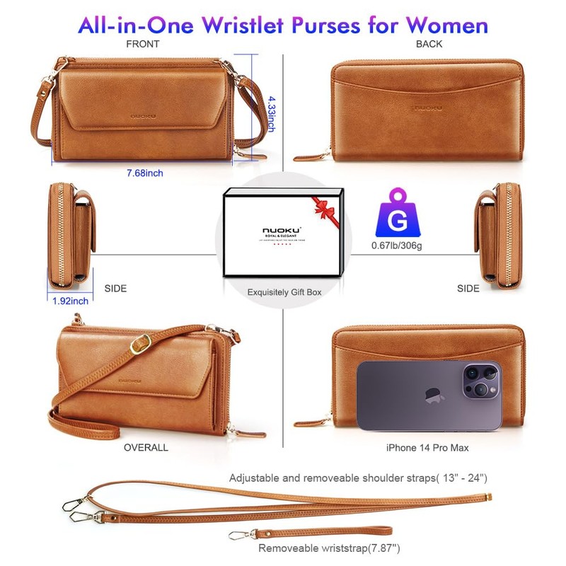 nuoku Womens RFID Wallet Purse Wristlet Crossbody Clutch with Zip