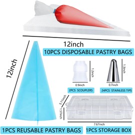 GZMAISULEE 40PCS Piping Bags and Tips Set 12 Inch Pastry Bags Cakes Decorating Kit Supplies, 10 Icing Bags Disposable with 1 Reusable Piping Bags, 24 Frosting Tips, 2 Couplers, 1 Storage Box