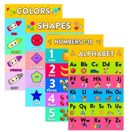 4 Pack - Numbers, Colors, Shapes, Alphabet ABC Chart for Wall for Toddlers - Counting Numbers Alphabet Posters for Classroom Wall Decor Preschool Homeschool Supplies (Size 12 * 16)