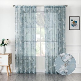 Tollpiz - Cortinas cortas con estampado floral azul y bordado de flores para dormitorio, cortina de gasa para ventana de salón, 137 x 114 cm de largo, juego de 2 paneles