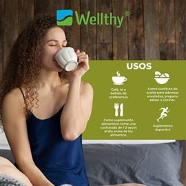 Wellthy MCT Oil 500ml, 32 Porciones, Ácido Caprílico 100% Puro y Natural de Coco, KETO y Paleo Safe, Energía y Concentración, 0g de Azúcar, Gluten Free, NON GMO, Vegan, Libre de Soya, Certificado Internacionalmente, Origen Filipino.
