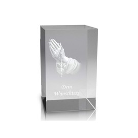 VIP-LASER 3D Glass Crystal Quader XL with Praying Hands and your Desired Text – Infinity Engraved in Glass.