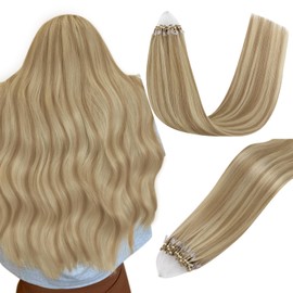 Easyouth Micro Link Hair Extensions Human Hair Highlight 20inch Blendable Micro Bead Hair Extensions Real Hair Golden Blonde Highlighted Honey Blonde Micro Ring Hair Extension Human Hair 50g/50s