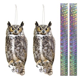OffiCreative 2PCS Reflective Hanging Hawk Fake Owl Decoration, Realistic Hanging Owl for Garden Patio Windows