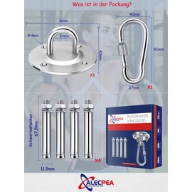 ALECPEA Stainless steel ceiling hook for punching bags, 400 kg load capacity, bomb-proof punching bag holder, ideal ceiling mount for punching bag suspension, includes instructions in German