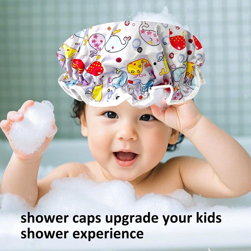 Shower Cap for Kids, 3 Pack Large Reusable Double Layer