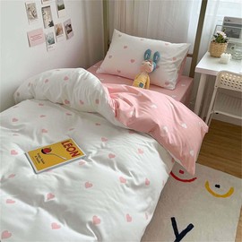 Nyescasa Heart Bed Linen 155 x 220 cm Pink White Hearts Duvet Cover Girls Children Soft Microfibre Heart Pattern Reversible Bedding Set with Zip and Pillowcase 80 x 80 cm
