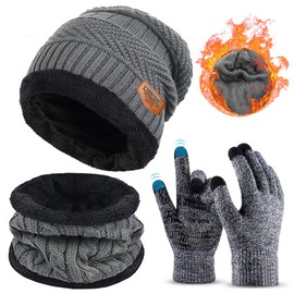 3 Pieces Winter Beanie Hat Scarf Set and Touch Screen Gloves Warm Thick Knit Fleece Lined Skull Cap Gifts for Men Women