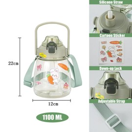 YOBOKO 1.1L Large Water Bottle Lovely Wide Mouth Drink Bottle with Handle Leak Proof Big Bottle with Straw and Adjustable Strap for Camping Cycling Gym Sports (Green)