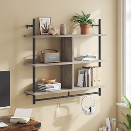 Bestier 41.5" Floating Pipe Shelving Kitchen Shelves Wall Mounted 3 Tier Ladder Shelf Hanging with Circular Tube Display Bookshelf Storage for Living Room Kitchen Balcony, Retro Grey