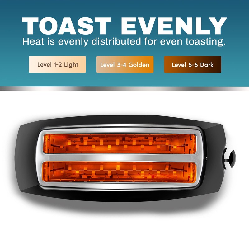 Elite Gourmet ECT4829B# Long Slot 4 Slice Toaster, Reheat 6