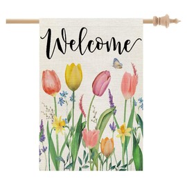 CROWNED BEAUTY CROWNED BEAUTY Spring House Flag Floral 28x40 Inch Double Sided for Outside Tulips Welcome Burlap Large Yard Holiday Flag CF743-40