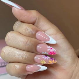 Umillars French Press on Nail Tips Long Almond Fake Nails with White Pearls Bow Designs Pink Full Cover Glue on Nails Press on Acrylic False Nails Stick on Nails (26-W880)
