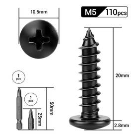 XRXYMQ Pack of 110 Black M5 x 20 mm Wood Screws Black Tapping Screws Flat Head Screws Wood Black Screws for Acoustic Panels Drilling Screws