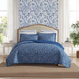 Laura Ashley - Quilt Set, Super Soft Fabric Bedding with Matching Sham, Toile-Inspired Print, Floral Home Essentials (Elaina Blue, Twin)