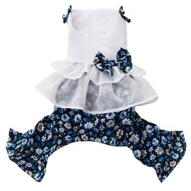 CELONROMF Summer Dog Dress with Bow Knot Breathable Girl Small Puppy Clothes Spring Pet Pajamas Pjs Lightweight Floral Doggy Onesie Jumpsuit Holiday Cat Outfit Cute Dog Clothing (White, Large)