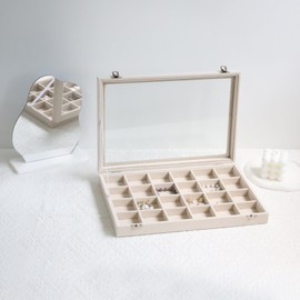 Wudygirl Jewelry Organizer Earring Holder Jewelry Tray with Lid Velvet Jewelry Box Jewelry Display Case Bracelet Earrings Ring Holder for Women Dresser (Beige 24 Grid Jewelry Tray)