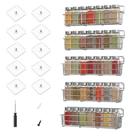 Mystozer 5 Pack Spice Rack Seasoning Organizer Wall Mount, Screw or Adhesive Hanging Shelf Basket Spice Organizer Shelf for Kitchen, Silver