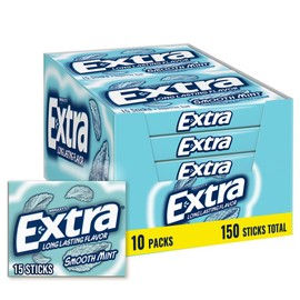 Extra Gum Smooth Mint Sugarfree Gum Bulk, Individually Wrapped, Perfect for Fresh Breath at School, Work, and Travel, 15 Count, Pack of 10