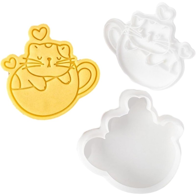 1Pc White Plastic Biscuit Mold Cat Shaped Cookie Embossing Moulds