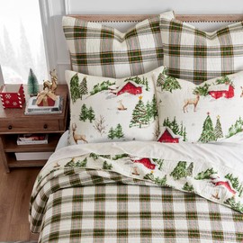 Levtex Home - Tatum Pines Quilt Set - Full/Queen Holiday Quilt 88x92 and Two Standard Shams 20x26 - Christmas Cabin - Red, Green, Brown and White - Reversible - Cotton