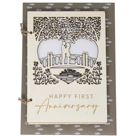 Wooden First Anniversary Card with Loving Couple on a Bridge Detailed Carving (1 Year Anniversary) 1st