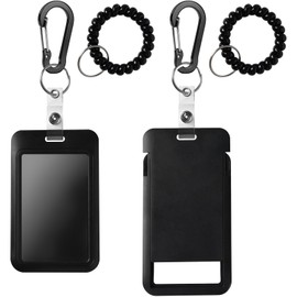 Wrist Coil ID Badge Holder with Multitool Aluminum Carabiner Clip,Stretchable Spiral Wristband Key Ring,for Lanyard Outdoor Camping Fishing Cruise Ship (Black,ABS)