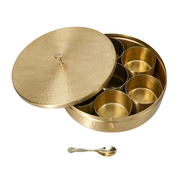 ZAARIYA Hammered Pattern Handcrafted Brass Masala/Spice Box Set With Spoon