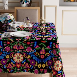 XCHI Colorful Flowers Peppers Dia De Los Muertos Tablecloth Rectangle Washable Day of The Dead Cinco De Mayo Mexican Table Covers for Indoor Outdoor Dining Home Party Decorations 60x84 Inch