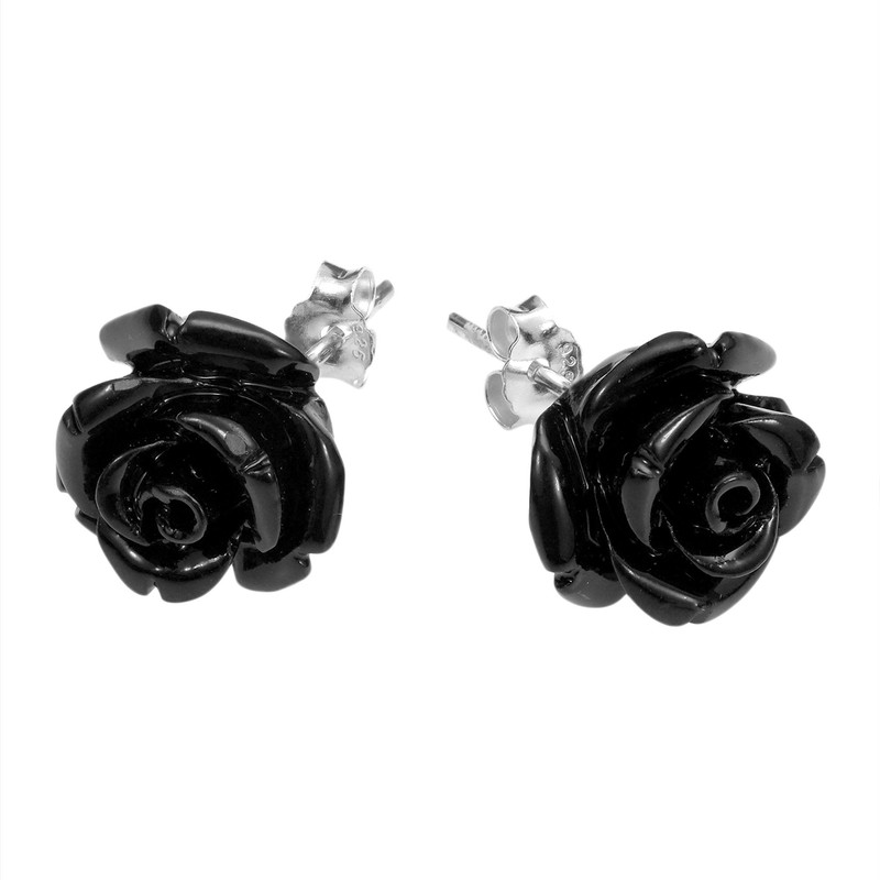 Pretty Blooming Carved Black Rose .925 Sterling Silver Stud Earrings