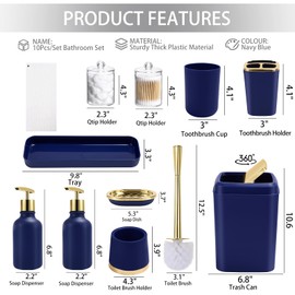XLHOMO Navy Blue Bathroom Accessories Set -10 Piece Bathroom Accessory Set with Trash Can, Soap Dispenser, Soap Dish, Toothbrush Holder and Cup, Toilet Brush, Qtip Holder, Bathroom Decor Sets Complete