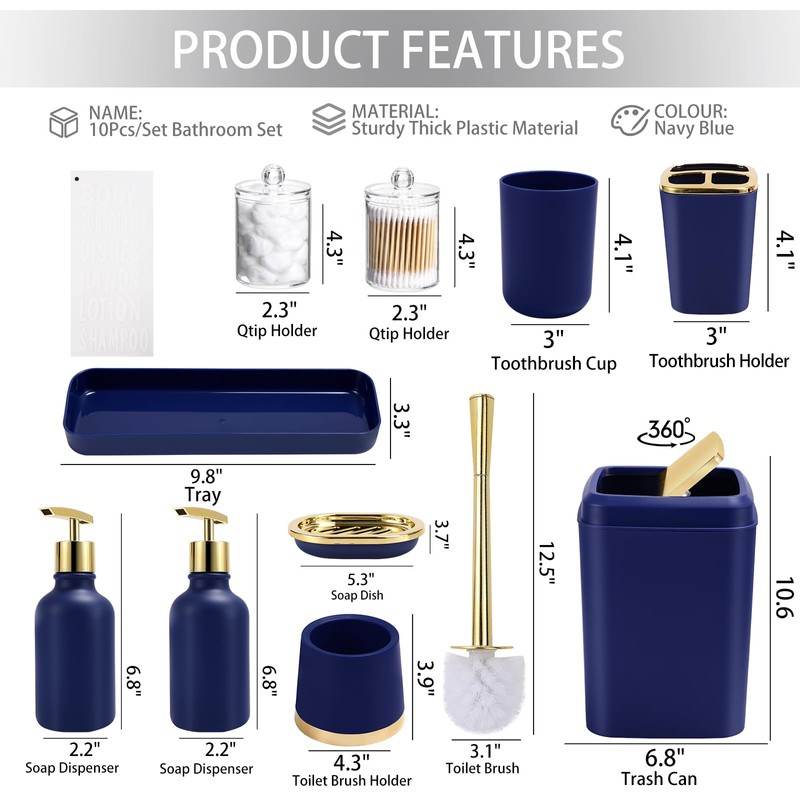 XLHOMO Navy Blue Bathroom Accessories Set -10 Piece Bathroom Accessory