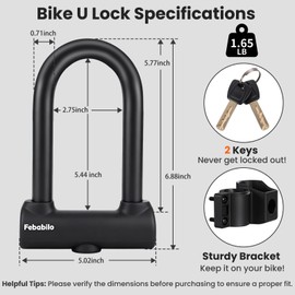 Febabilo Bike Locks Heavy Duty Anti Theft with 6ft Cable,18mm Shackle Bike U Lock with 2 Keys & Mounting Bracket, Perfect for Ebike, Bicycle, Scooter, Motorcycle (U Lock with Cable, Medium)