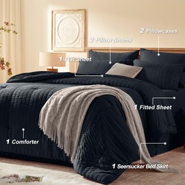 Laojin Balhen Full Size Comforter Set 8 Pieces, Seersucker Bed in a Bag Full, Black Comforter with Sheets, Comforters Full Size Bedding Sets with Comforter, Sheets, Pillowcase & Sham and Bed Skirt