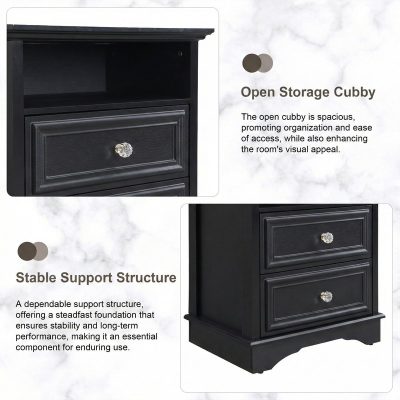 XIAO WEI Black Tall Nightstand with Hidden Drawer, 2 Drawers