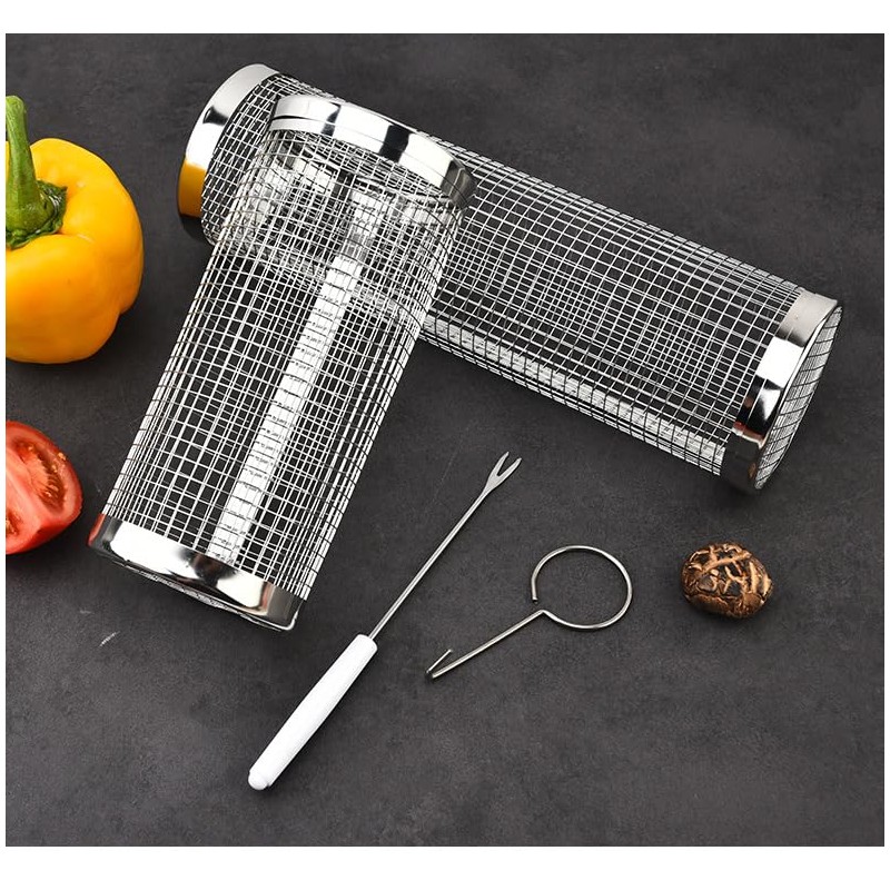 Stainless Steel Cylindrical BBQ Basket Reusable Round Grill Net, Perfect