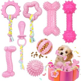 Puppy Chew Toys for Teething Small Dogs, 8 Pack Puppy Toys for Teething Treat, Cute Pink Soft Durable Rubber Toy for Small Dogs