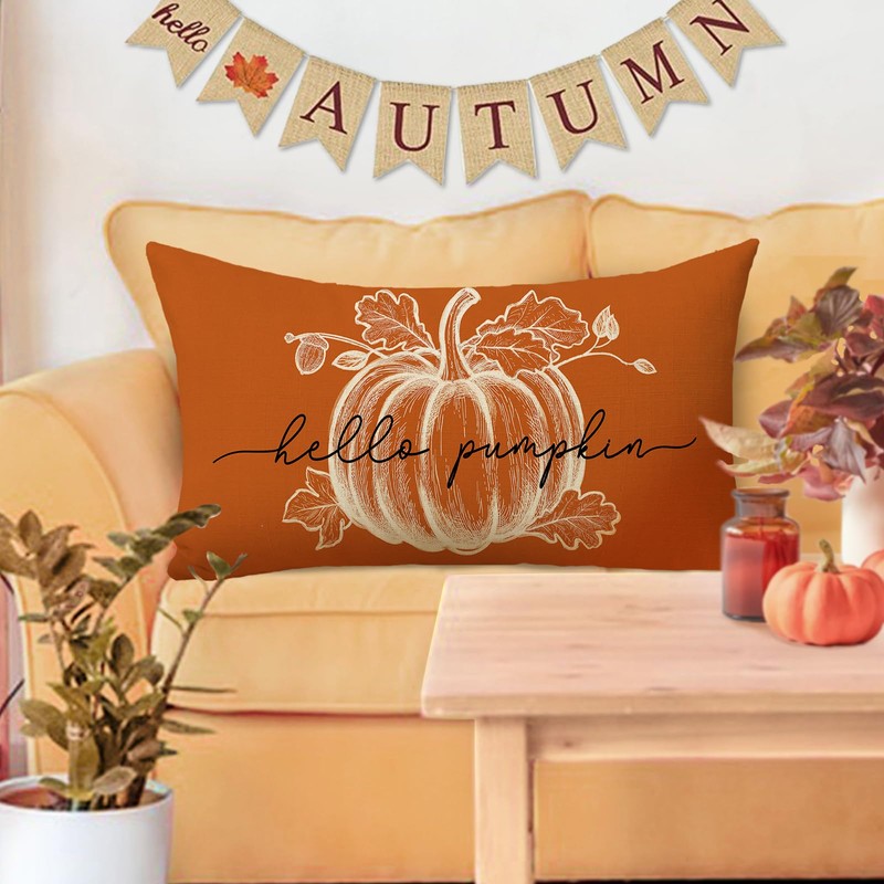 Fjfz Fall Hello Pumpkin Lumbar Decorative Throw Pillow Cover 12