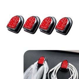 Arwrilt 4 PCS Car Bling Mini Hooks, 0.98" x 1.18" ABS Rhinestone Hanging Auto Storage Hooks, Self-Adhesive Mini Cute Dashboard Hanging Hooks, Universal Interior Decor for Most Cars, Families (Red)